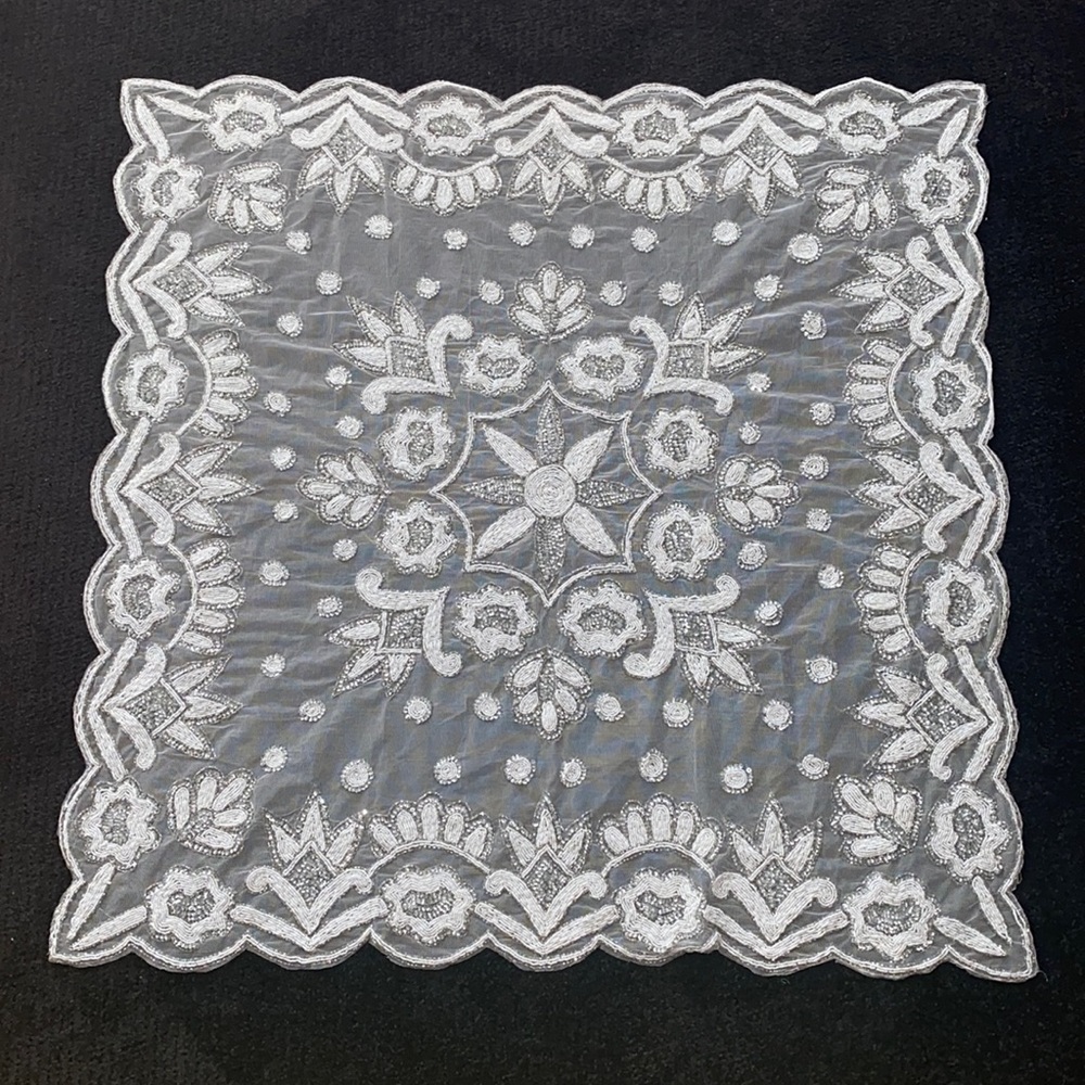 Hand Beaded White Pearl & Silver Beaded Embroidered Tablecloth